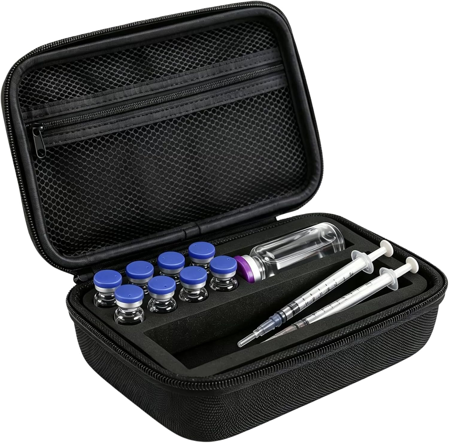 Open hard-shell storage case with a moulded compartment tray
