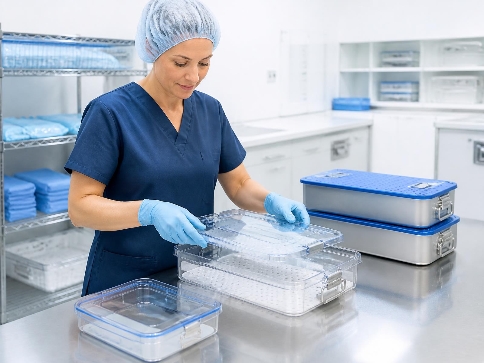 Healthcare professional organising clear storage trays and protective equipment cases on a stainless steel bench